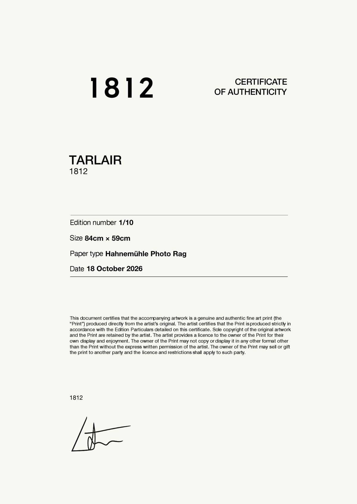 TARLAIR CERTIFICATE OF AUTHENTICITY