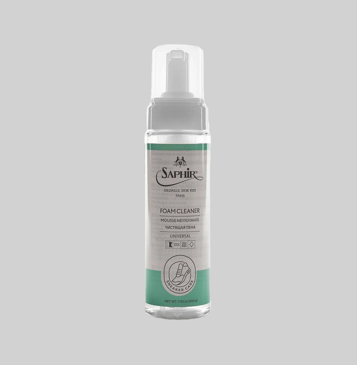 SAPHIR SNEAKER FOAM CLEANER product image clear liquid in a white and green bottle.